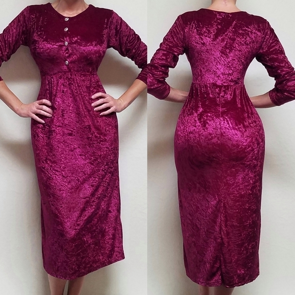 80s Vintage Cervelle Burgundy Crushed Velvet Regencycore Long Sleeve Midi Dress